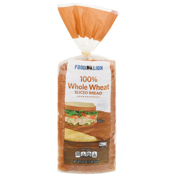 Packaged Bread Food Lion Bread, 100% Whole Wheat, Sliced hero