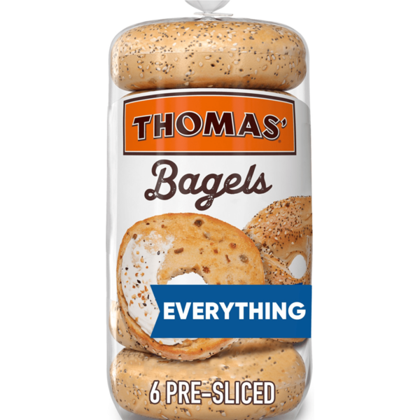 Breakfast Bakery Thomas’ 6 count, Everything Pre-sliced Bagels hero