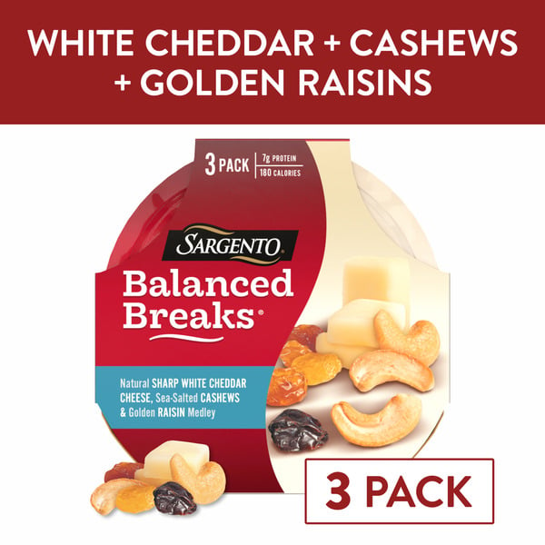 Other Creams & Cheeses Sargento Balanced Breaks®, Natural Sharp White Cheddar Cheese, Cashews, Raisin Medley hero