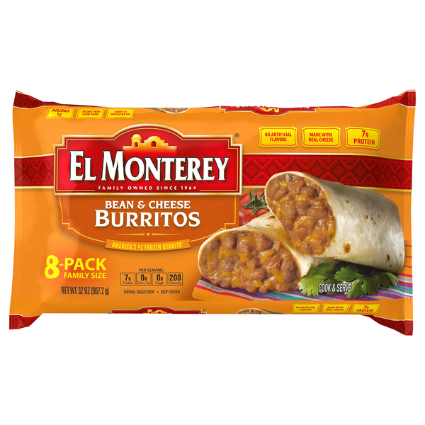 Frozen Meals El Monterey Burritos, Bean & Cheese, Family Size, 8-Pack hero