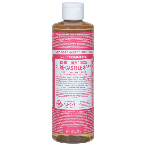 Body Lotions & Soap Dr. Bronner's Soap, Pure-Castile, 18-in-1, Hemp, Rose hero