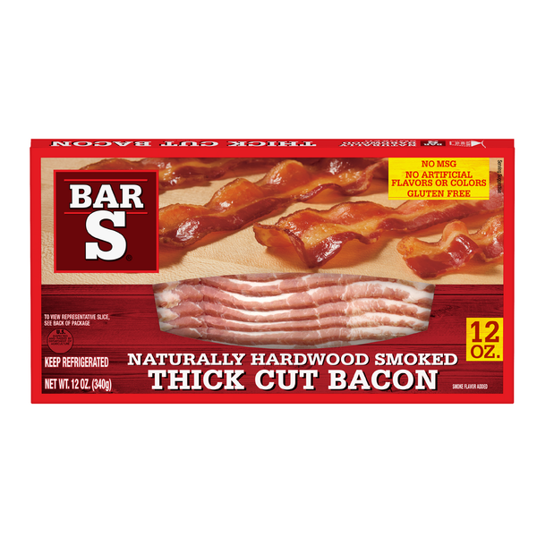 Hot Dogs, Bacon & Sausage Bar-S Naturally Hardwood Smoked Thick Cut Bacon,  Hickory Smoked Flavor hero