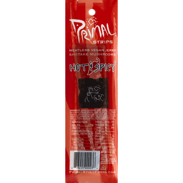 Popcorn & Jerky Primal Meatless Jerky Strips, Vegan, Shiitake Mushrooms, Hot & Spicy hero