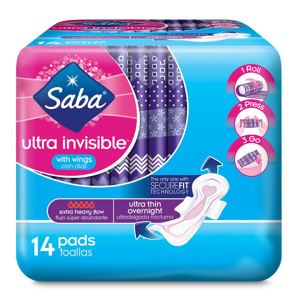 Feminine Care Saba Pads, Ultra Thin, with Wings, Extra Heavy Flow, Overnight hero