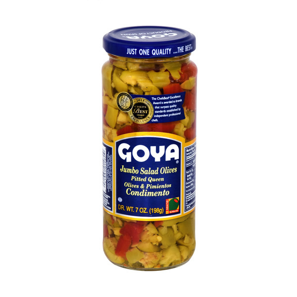 Pickles, Peppers & Olives Goya Jumbo Salad Olives, Pitted Queen Olives & Pimientos hero