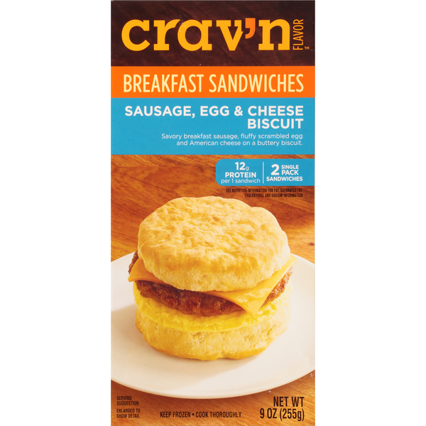 Frozen Meals Crav'n Flavor Breakfast Sandwiches, Biscuit, Sausage, Egg & Cheese, 2 Pack hero