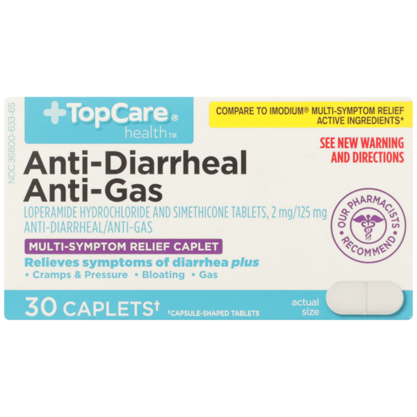 First Aid TopCare Anti-Diarrheal Loperamide Hydrochloride 2 Mg And Anti-Gas Simethicone 125 Mg Multi-Symptom Relief Caplets hero