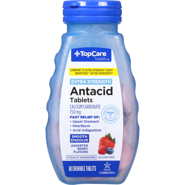 Digestion TopCare Antacid, Extra Strength, 750 mg, Chewable Tablets, Assorted Berry Flavors hero