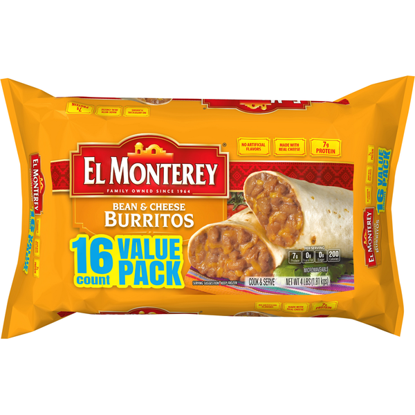 Frozen Meals El Monterey Burritos, Bean & Cheese, Value Pack hero