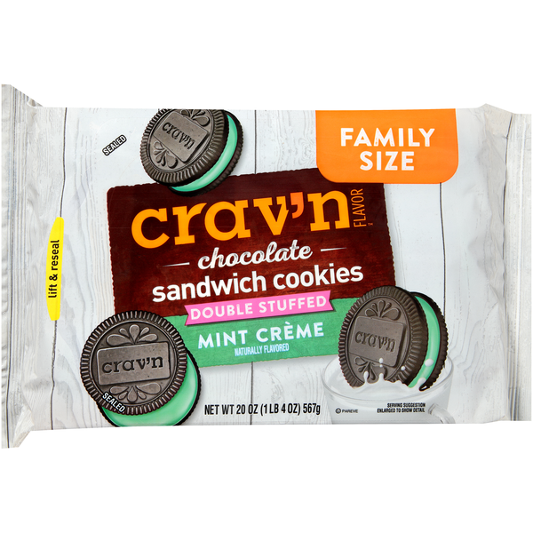 Cookies & Cakes Crav'n Flavor Mint Creme Double Stuffed Chocolate Sandwich Cookies hero