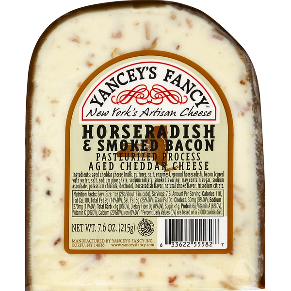 Packaged Cheese Yancey's Fancy Cheese, Pasteurized Process, Horseradish & Smoked Bacon Aged Cheddar hero