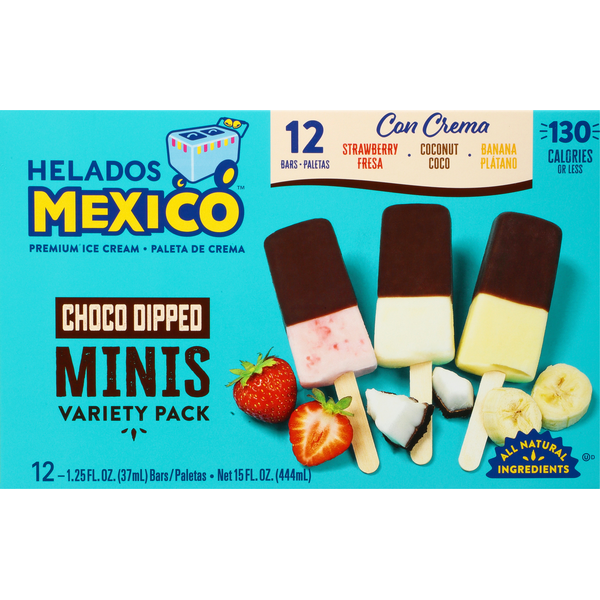 Ice Cream & Ice Helados Mexico Ice Cream Bars, Premium, Minis, Choco Dipped, Strawberry/Coconut/Banana, Variety Pack hero