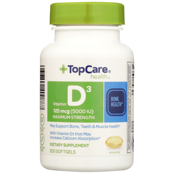 Vitamins & Supplements TopCare Maximum Strength Vitamin D3 125 Mcg (5000 Iu) May Support Bone, Teeth & Muscle Health Dietary Supplement Softgels hero