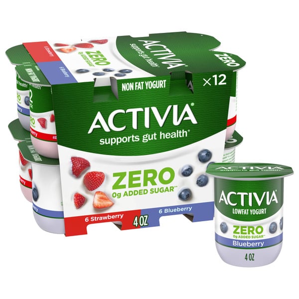 Yogurt Activia 0g Added Sugar* Strawberry and Blueberry Probiotic Yogurt, Nonfat Yogurt Cups hero