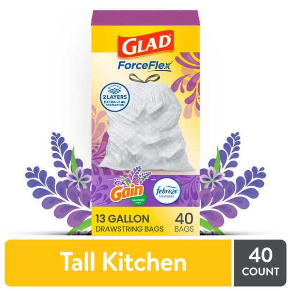 Trash Bags & Liners Glad Drawstring Bags, Tall Kitchen, Lavender Scent, 13 Gallon hero