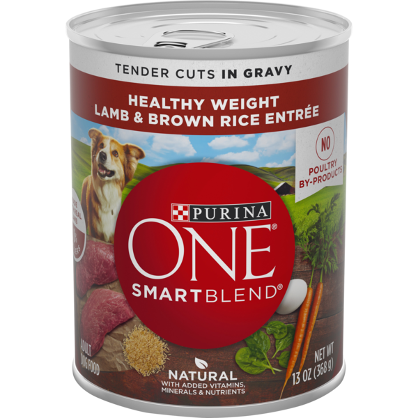 Water, Seltzer, Sparkling Water Purina ONE Weight Management, Natural Wet Dog Food, SmartBlend Healthy Weight Tender Cuts Lamb & Brown Rice hero