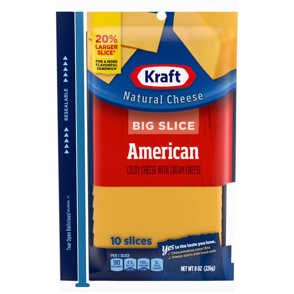 Packaged Cheese Kraft Big Slice American Cheese Slices with Colby Cheese & Cream Cheese, 10 ct Pack hero