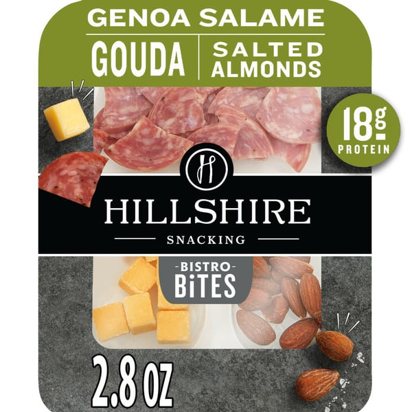 Hot Dogs, Bacon & Sausage Hillshire Farm Snacking Bistro Bites Genoa Salame and Gouda Cheese, Single Serve hero