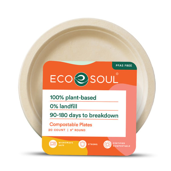 Plates, Bowls, Cups & Flatware EcoSoul 9 inch Plant-Based Compostable Plates, 20 Count hero