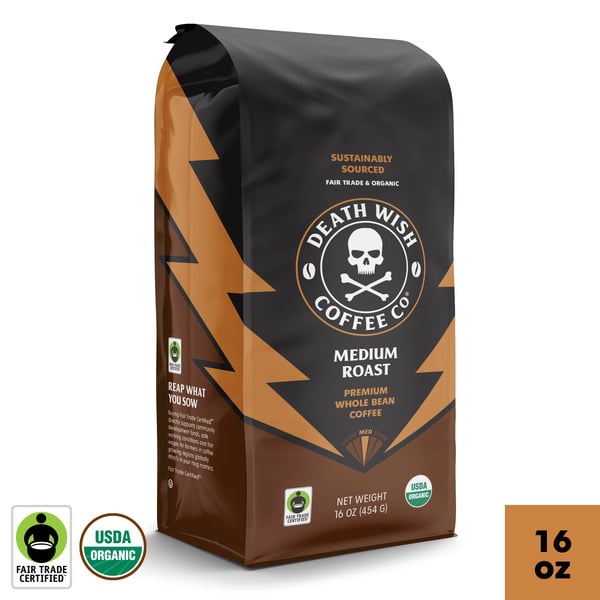 Coffee Death Wish Coffee, Medium Roast, Organic and Fair Trade, Whole Bean Coffee hero