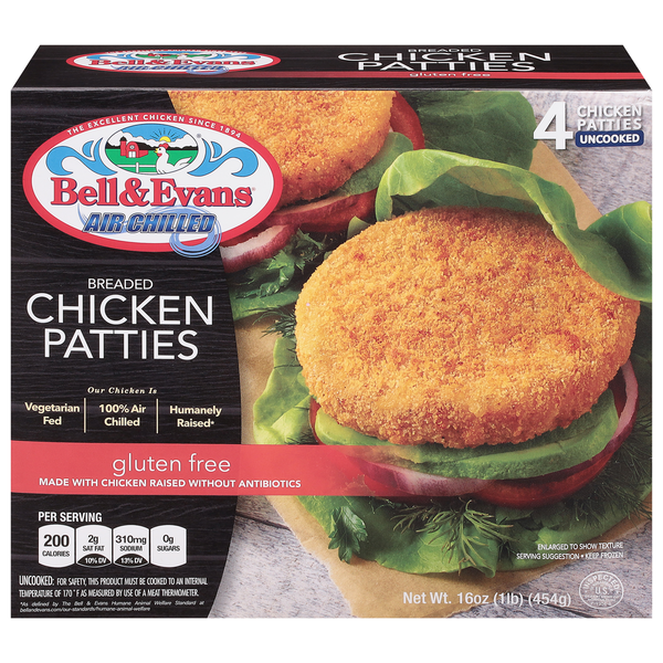 Frozen Meat & Seafood Bell & Evans Chicken Patties, Air Chilled, Breaded hero