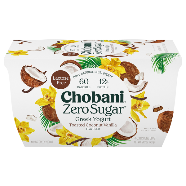 Yogurt Chobani Yogurt, Greek, Nonfat, Zero Sugar, Toasted Coconut Vanilla Flavored hero