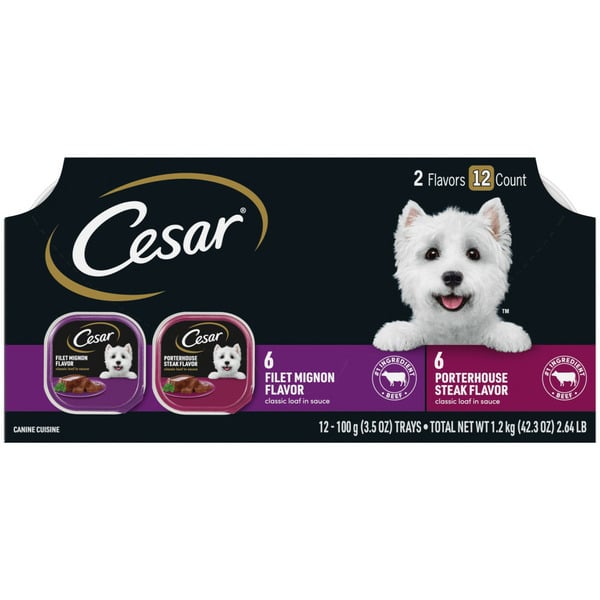 Wet Dog Food Cesar Filet Mignon Flavor & Porterhouse Steak Classic Loaf in Sauce Variety Pack hero