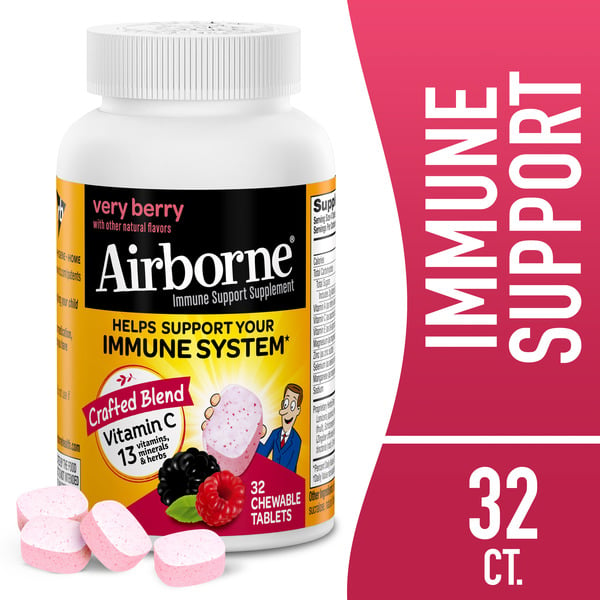 Cold, Flu & Allergy Airborne Very Berry Chewable Tablets - 1000mg Vitamin C - Immune Support Supplement hero