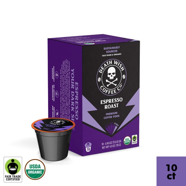 Coffee Death Wish Coffee, Espresso Roast, Organic and Fair Trade, Single-Serve Coffee Pods hero