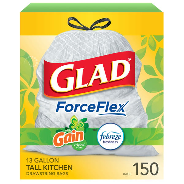 Trash Bags & Liners Glad ForceFlex Tall Kitchen Drawstring Trash Bags, Gain Scent, White, 13 gal hero