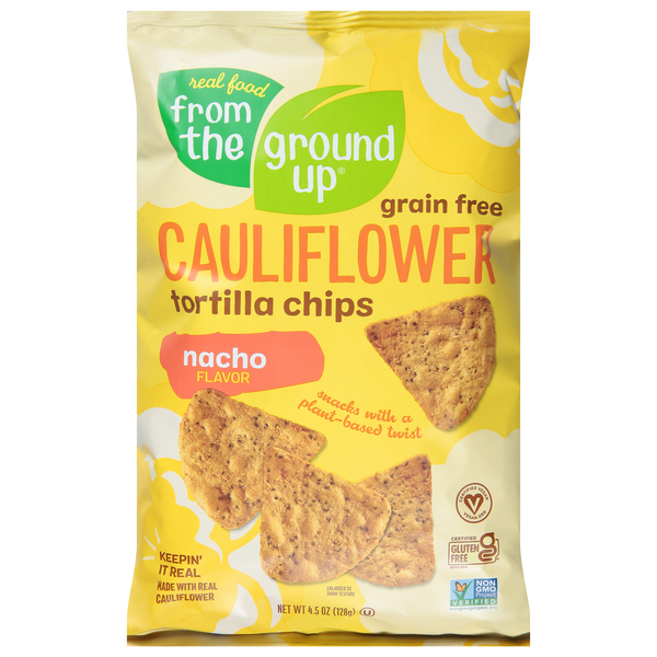 Fruit & Vegetable Snacks Real Food From the Ground Up Tortilla Chips, Cauliflower, Grain Free, Nacho Flavor hero