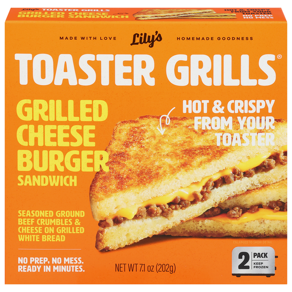 Frozen Meals Lily's Toaster Grills Sandwich, Grilled, Cheese Burger, 2 Pack hero