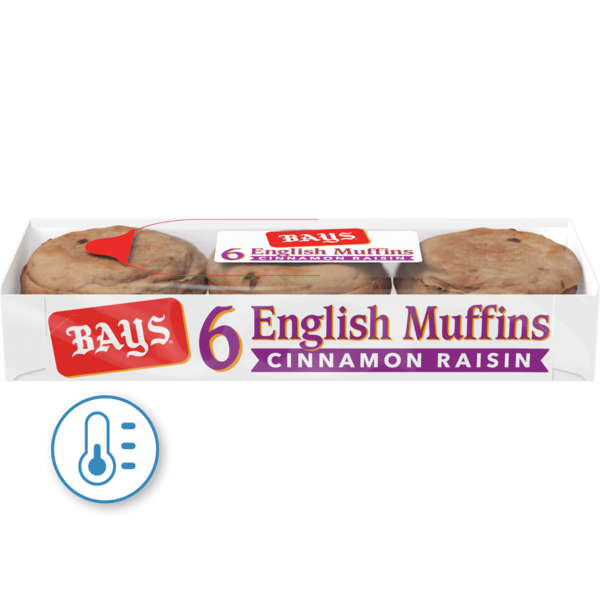 Breakfast Bakery Bays 6 count, Cinnamon Raisin Pre-sliced English Muffins, Refrigerated hero