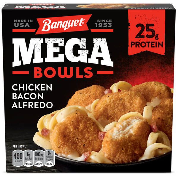 Frozen Meals Banquet Mega Bowls Chicken Bacon Alfredo Bowl, Frozen Meal hero