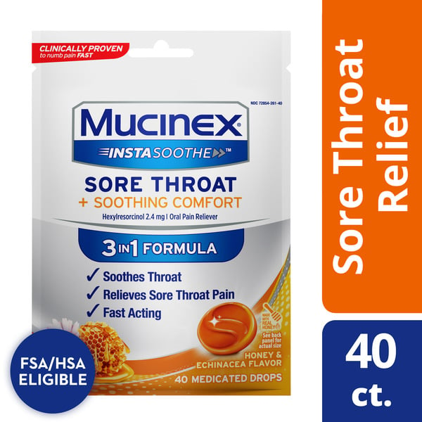 Cold, Flu & Allergy Mucinex Sore Throat + Soothing Comfort, Medicated Drops, Honey & Echinacea Flavor hero