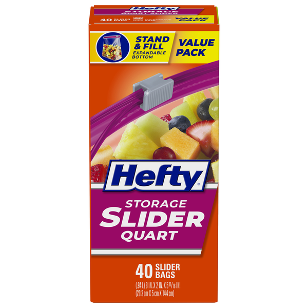 Hefty Storage Bags, Slider, Quart, Value Pack - 20.3 cm x 5 cm x 144cm hero