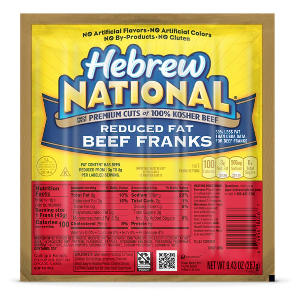 Hot Dogs & Bacon Hebrew National Kosher Reduced Fat Beef Franks Hot Dogs hero