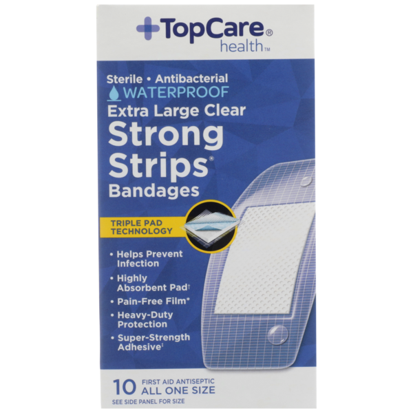 First Aid TopCare Strong Strips, Sterile Antibacterial Waterproof First Aid Antiseptic All One Size Extra Large Bandages, Clear hero