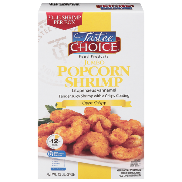 Frozen Seafood Tastee Choice Popcorn Shrimp, Oven Crispy, Jumbo hero