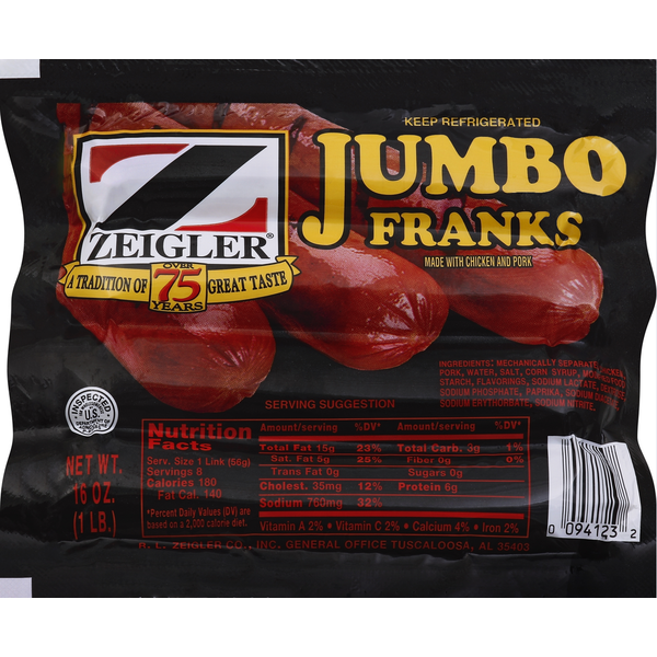 Hot Dogs, Bacon & Sausage Zeigler's Franks, Jumbo hero