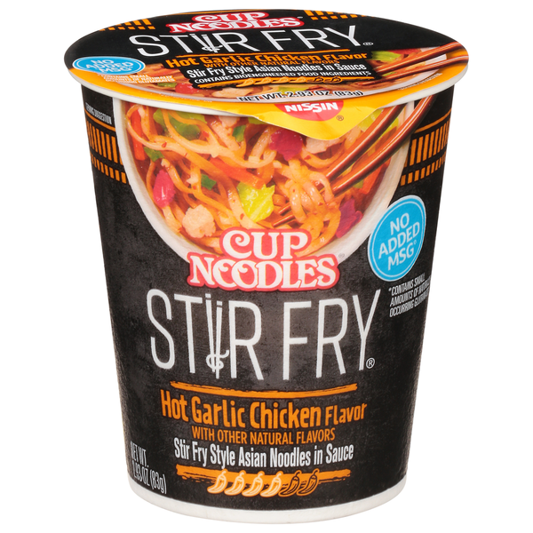 Instant Foods Nissin Stir Fry Hot Garlic Chicken Stir Fry Style Asian Noodles in Sauce hero