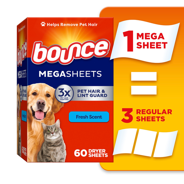 Laundry Bounce Pet Hair and Lint Guard Mega Dryer Sheets with 3X Pet Hair Fighters, Fresh Scent hero