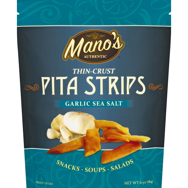 Chips & Pretzels Mano's Pita Strips, Garlic Sea Salt, Thin-Crust hero