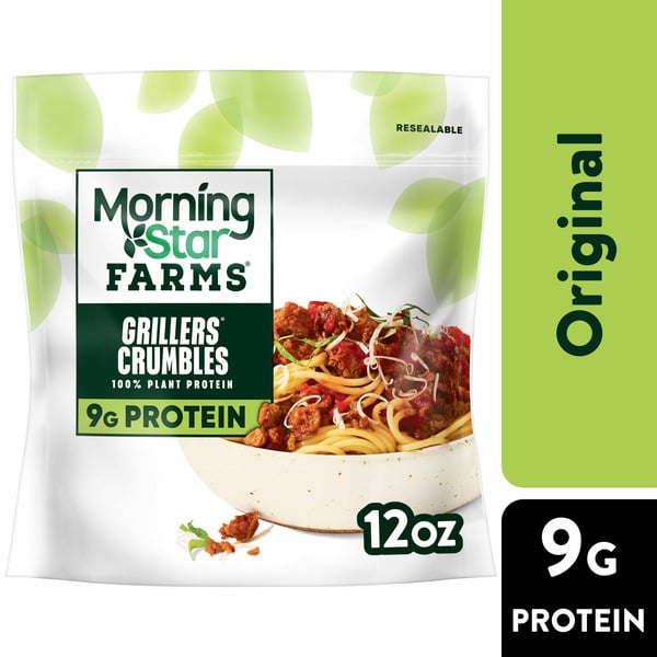 Frozen Meat & Seafood MorningStar Farms Meal Starters Vegan Crumbles, Vegan Plant Based Protein, Frozen Meal Starter, Grillers hero