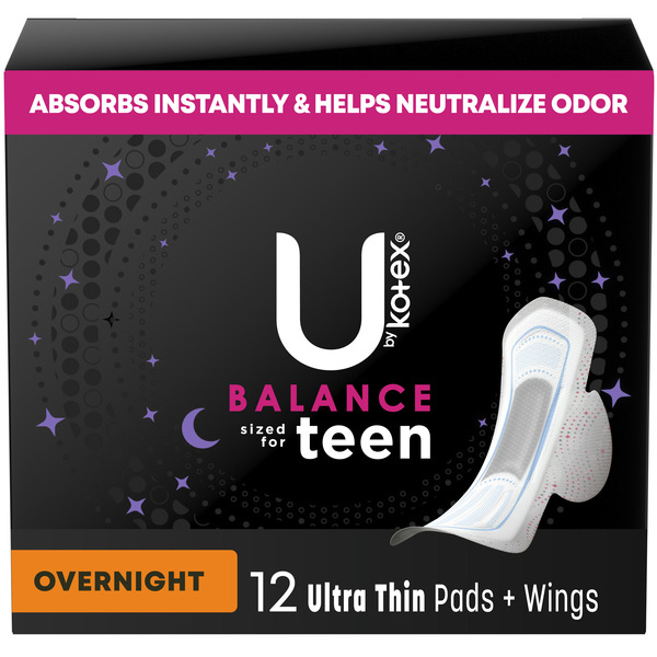 Feminine Care U by Kotex Balance Sized for Teens Ultra Thin Pads with Wings, Overnight Absorbency hero