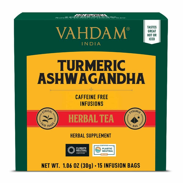 Tea Vahdam Teas Turmeric Ashwagandha Herbal Tea Bags hero