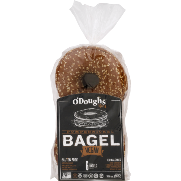 Bread O'Doughs Bagels, Pumpernickel, Vegan, Thins, Bag hero