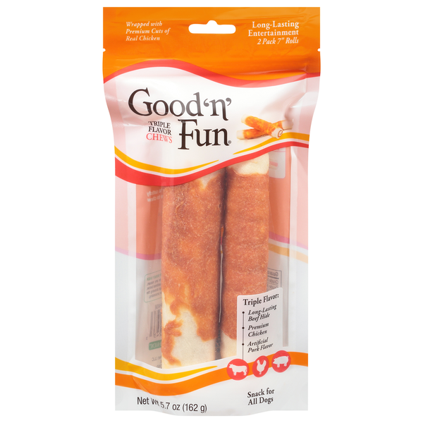 Dog Food & Care Good 'n' Fun Snack for All Dogs, Triple Flavor Chews, 7 Inch Rolls hero