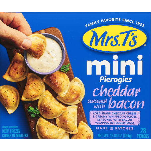 Frozen Meals Mrs. T's Minis Cheddar Seasoned with Bacon Pierogies hero