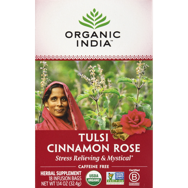 Tea ORGANIC INDIA Herbal Supplement, Tulsi Cinnamon Rose, Caffeine Free, Infusion Bags hero